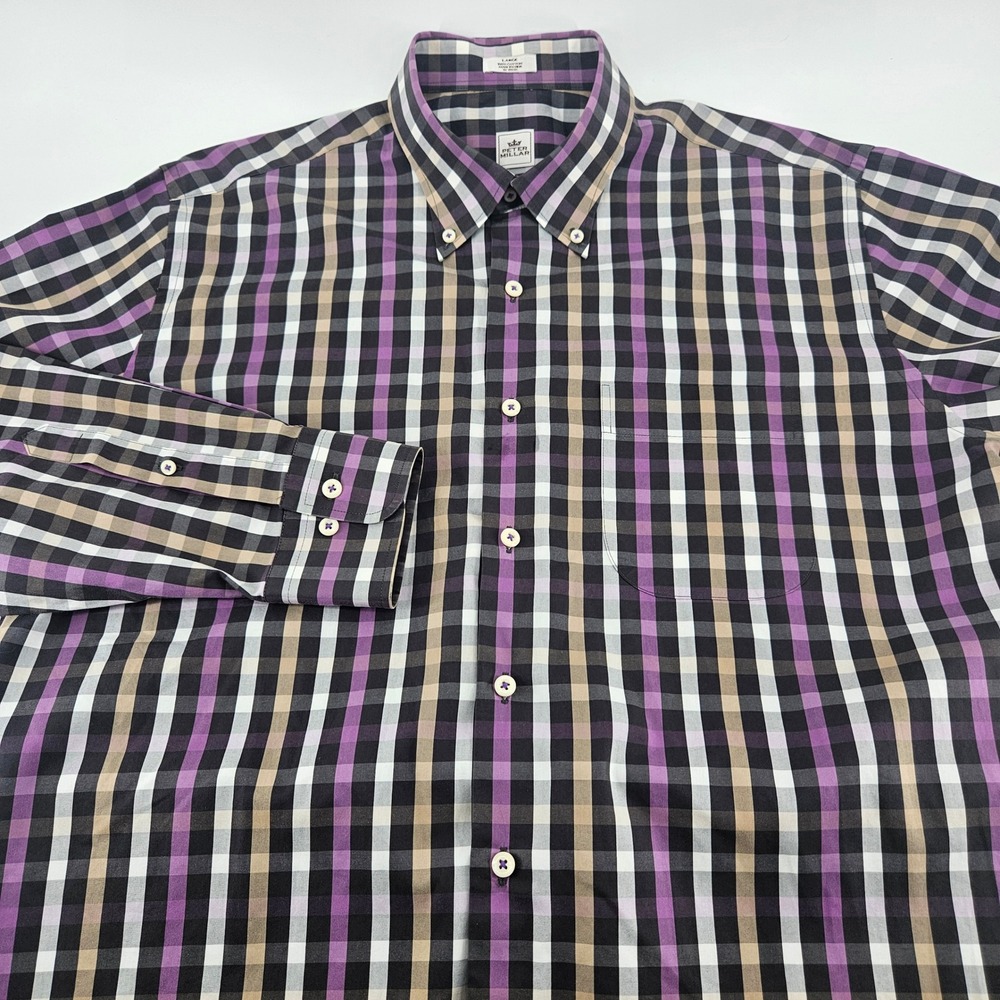 Peter Millar Mens Large Purple Black Plaid Cotton Button Down Shirt Long Sleeve